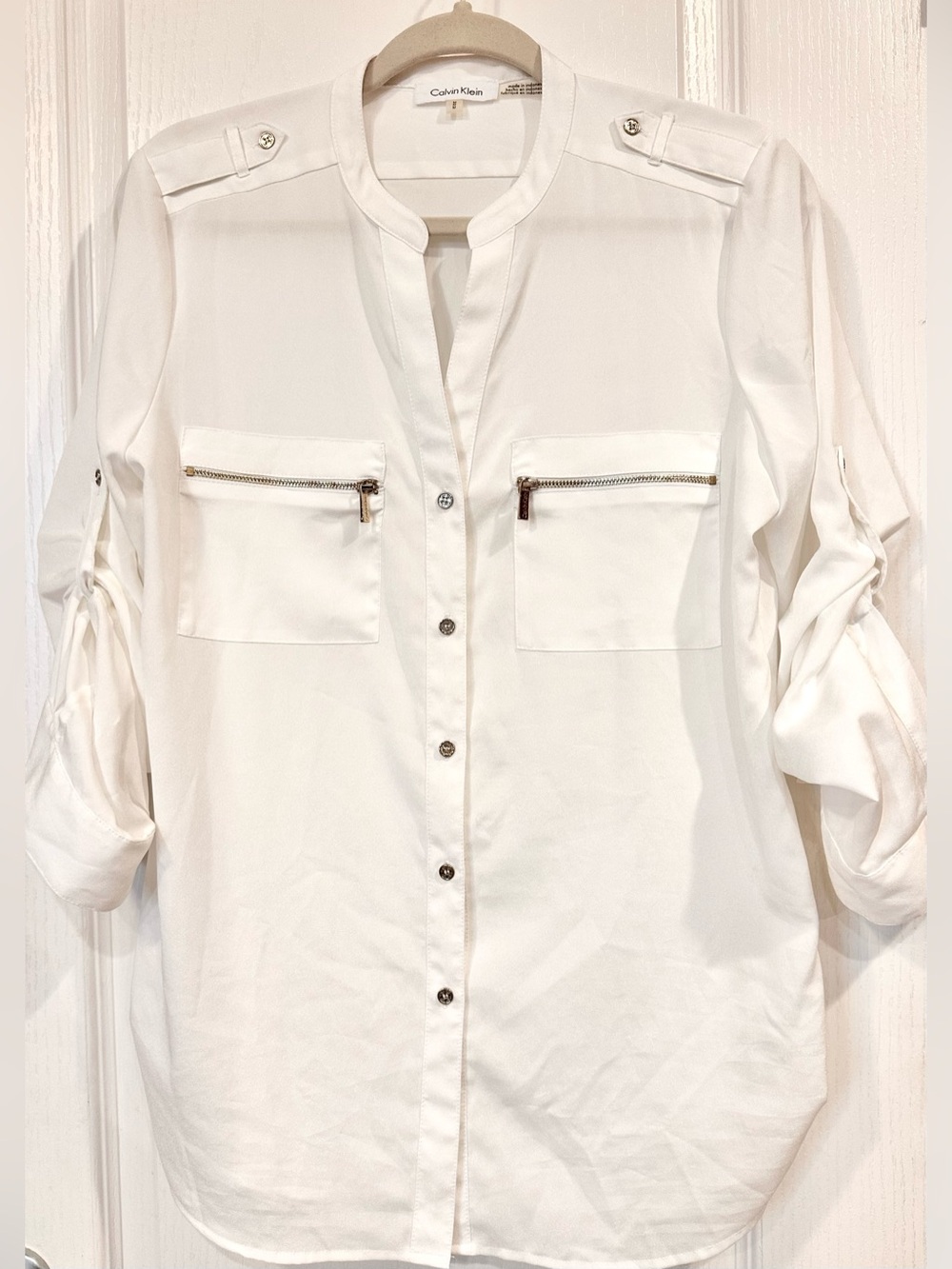 Calvin Klein White Zip-Pocket Button-Front Tunic